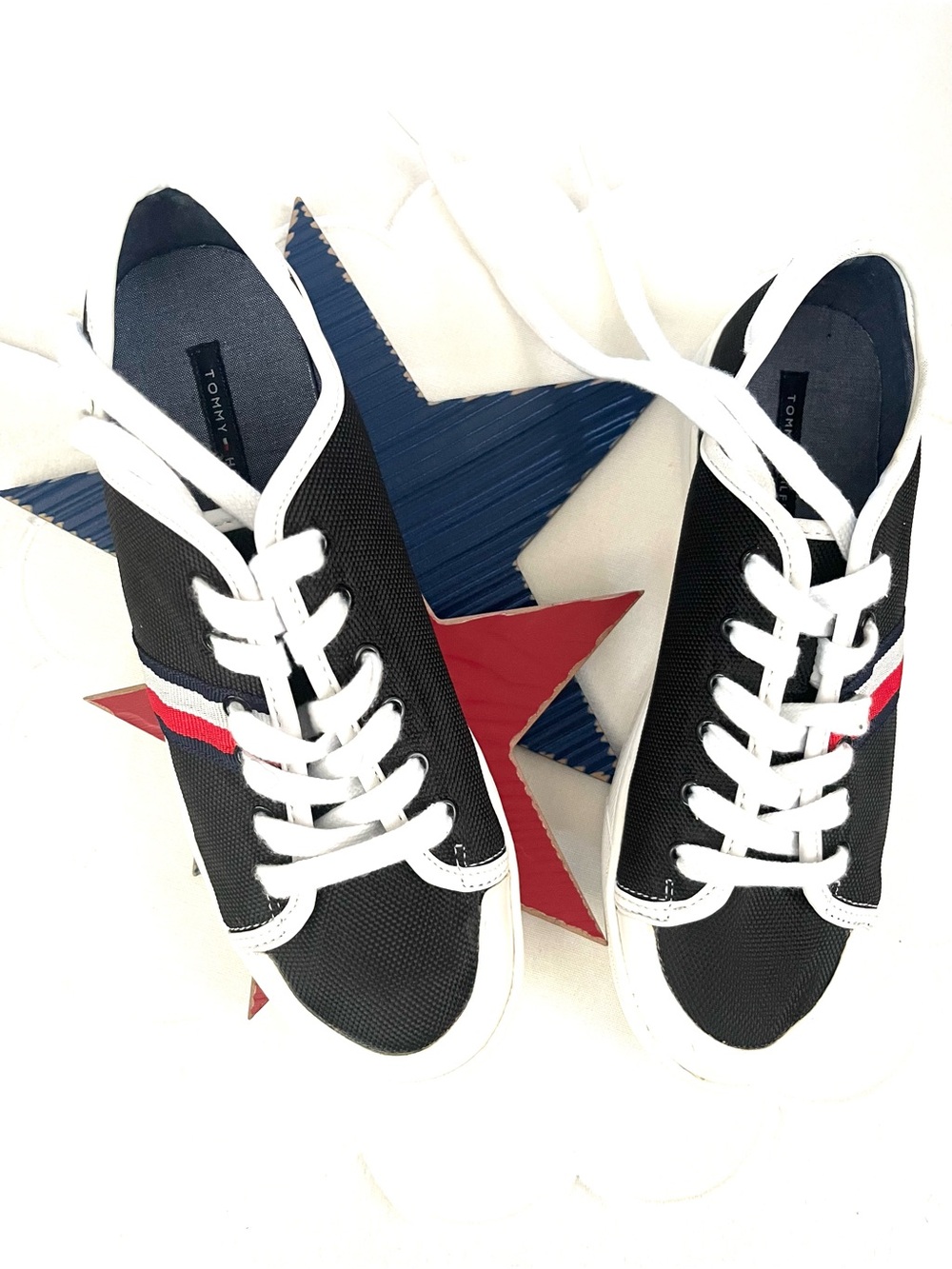 Tommy Hilfiger Black Sneakers with Red, White & Blue Stripe Accent